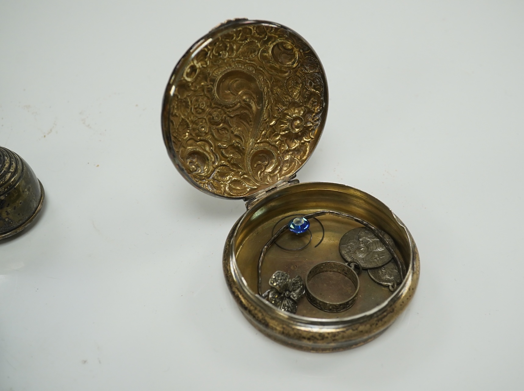 A 1930's four piece silver condiment set, a similar pair of peppermills and sundries. Condition - poor to fair